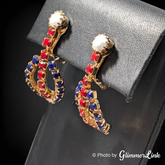 Vintage Red White & Blue Rhinestone Patriotic Dangle Gold Tone Clip On Earrings - Picture 4 of 10
